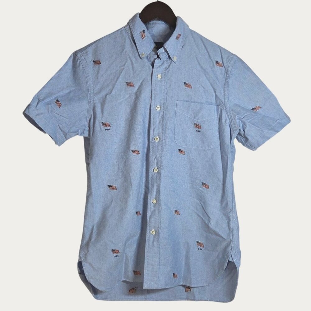 Ralph Lauren Mens Lt Blue St-Sleeve Button-Up Shirt American Flag Embroidery Sm
